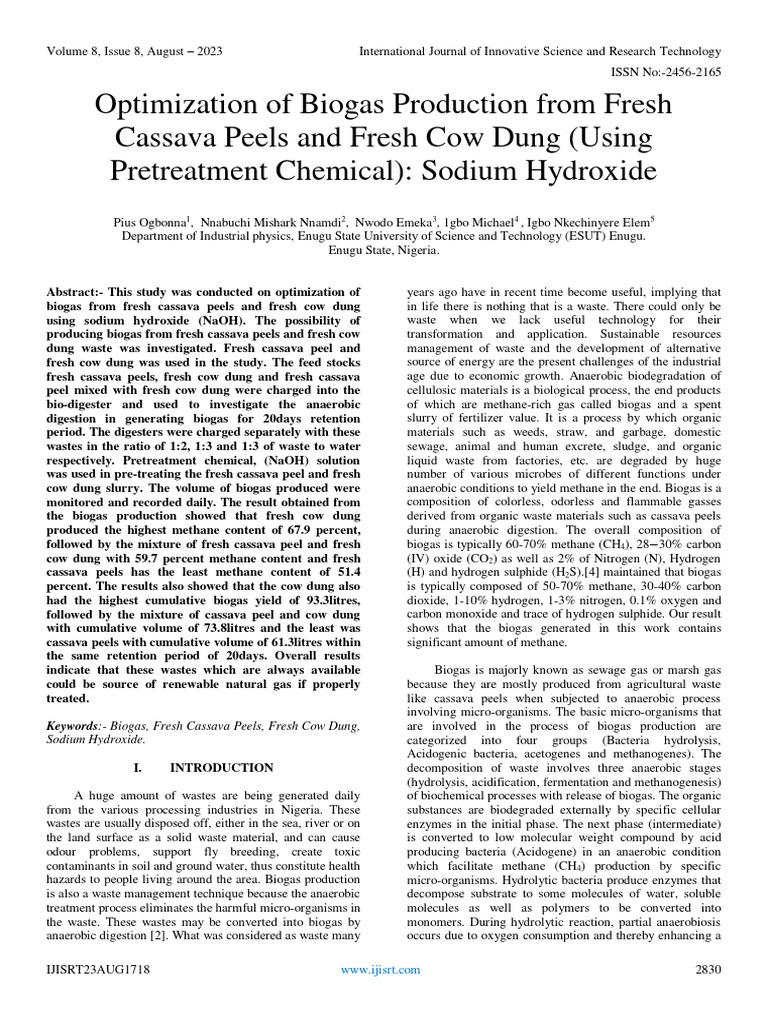 Optimization of Biogas Production From Fresh Cassava Peels and Fresh ...