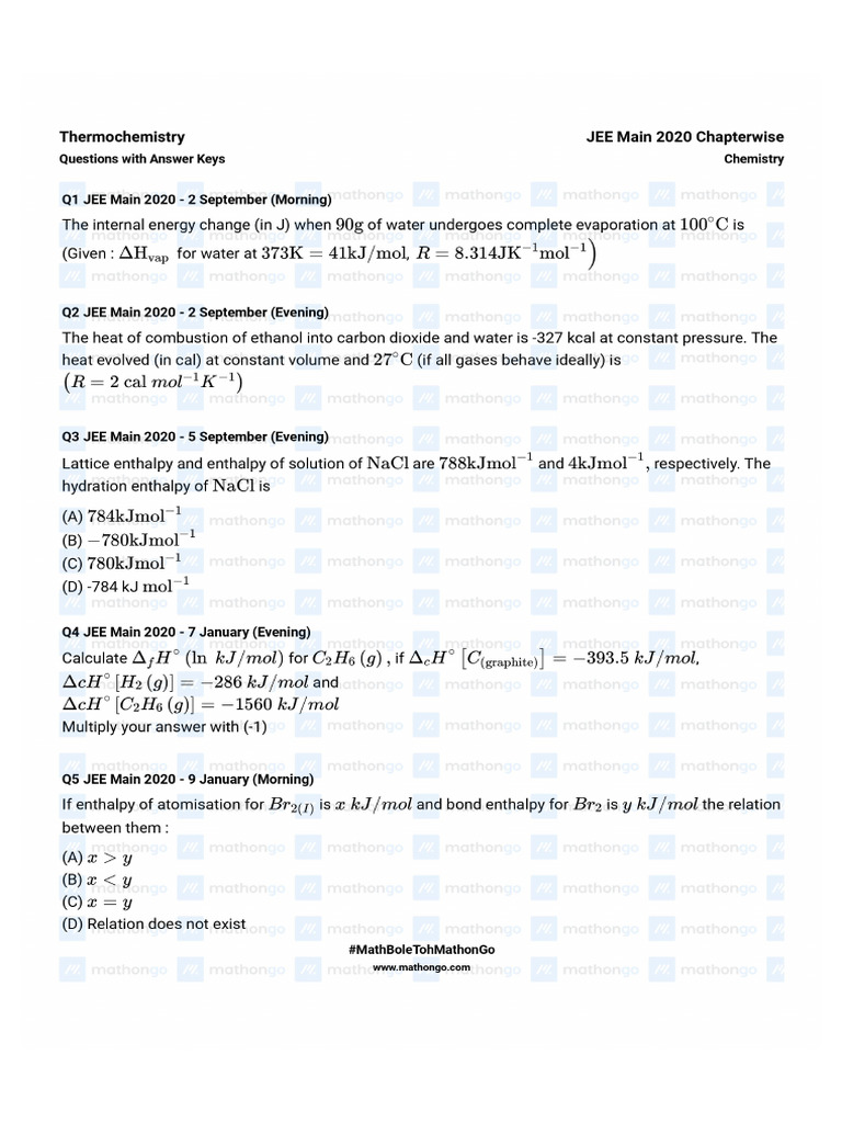 Thermochemistry Questions Jee Main 2020 Chapterwise Question Bank