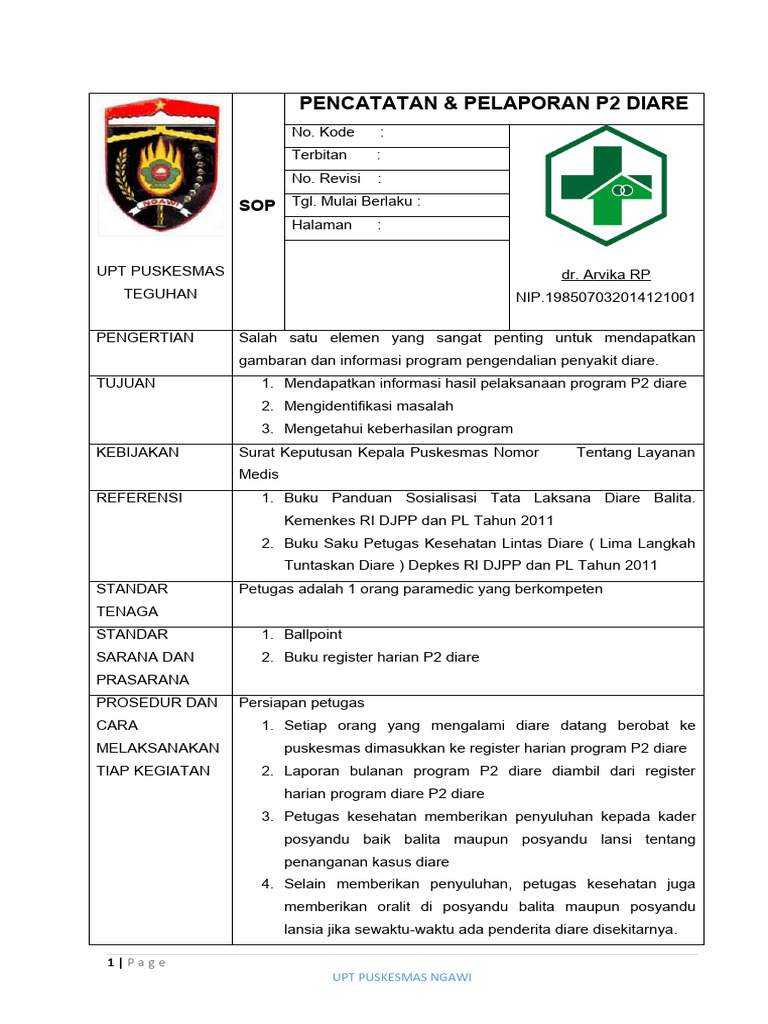 SOP Pencatatan P2 Diare Puskesmas | PDF