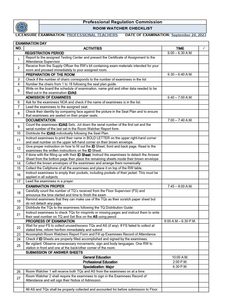 Room Watcher Duties for Licensure Exam | PDF