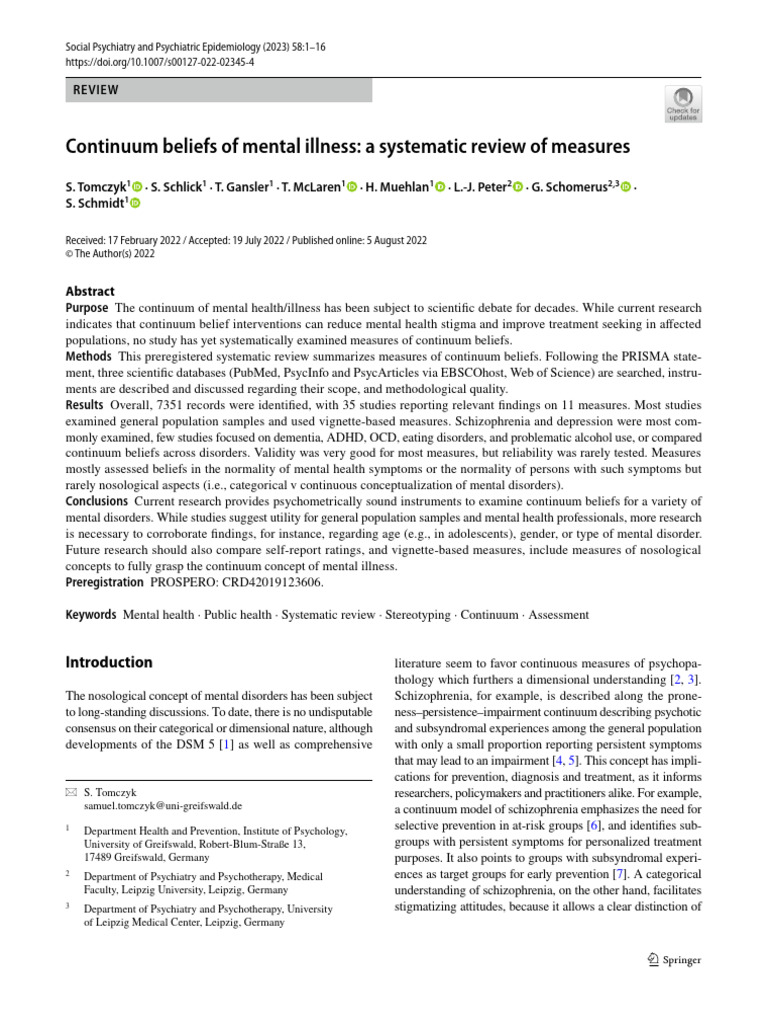 Continuum Beliefs of Mental Illness: A Systematic Review of Measures ...