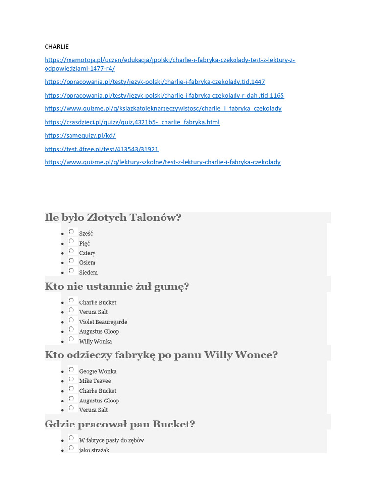 Charlie I Fabryka Czekolady Sprawdzian Szkoła Podstawowa Klasa 4