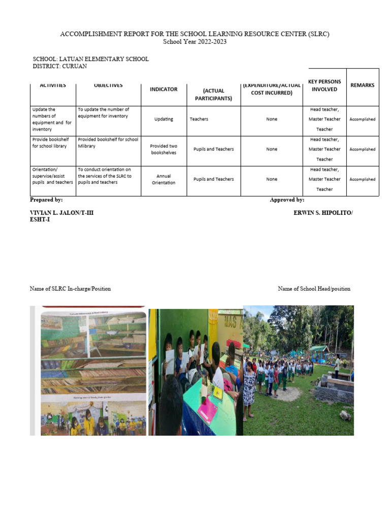 ACCOMPLISHMENT REPORT FOR SY 2022-2023 -SLRC-LATUAN | PDF