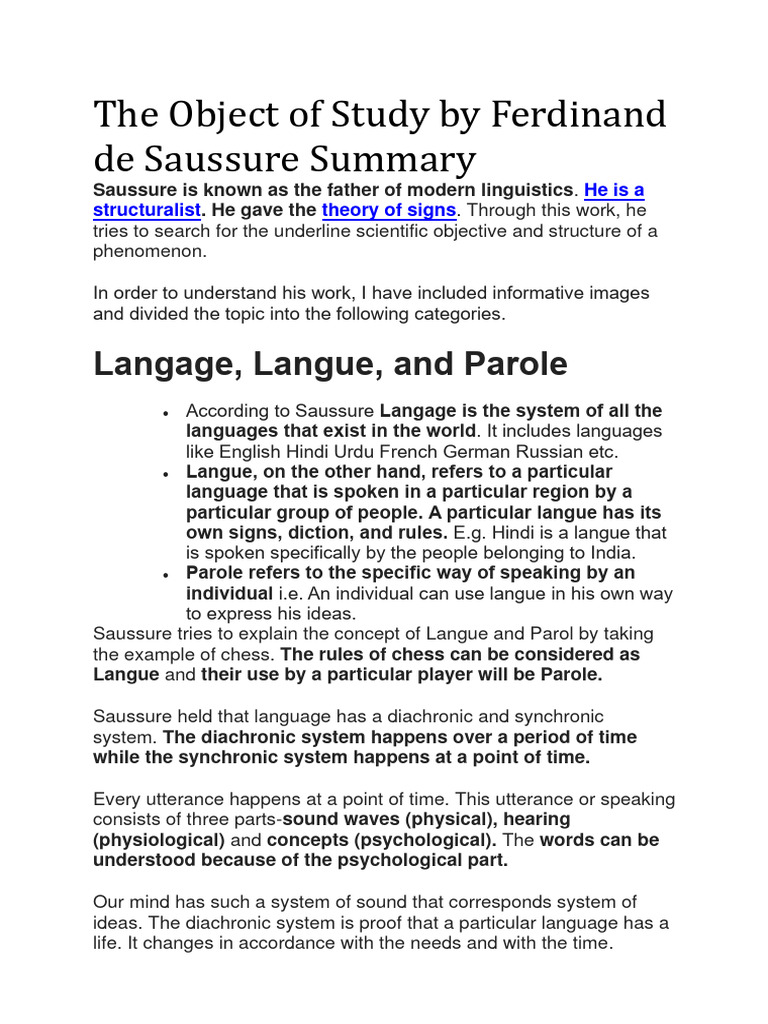 The Object of Study by Ferdinand de Saussure Summary (Critical Theory ...