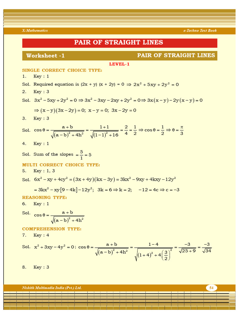 XI - Maths - Chapter 10 - Solutions Pair of Straight Lines) - III | PDF