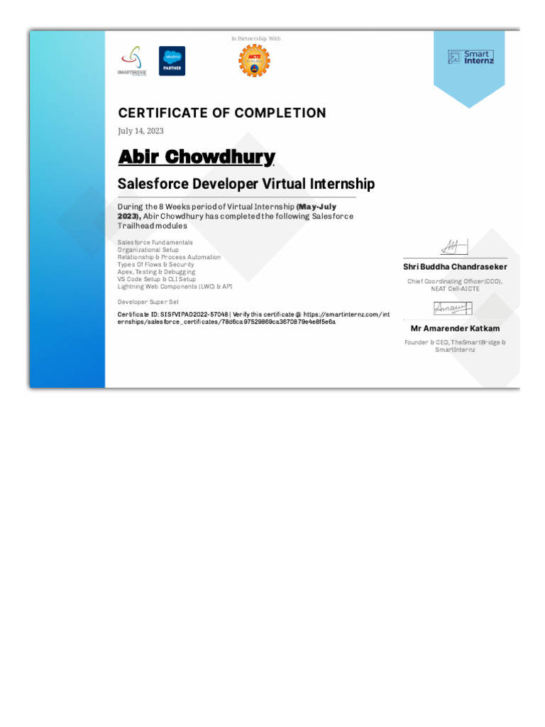 Salesforce Developer Internship Certificate | PDF