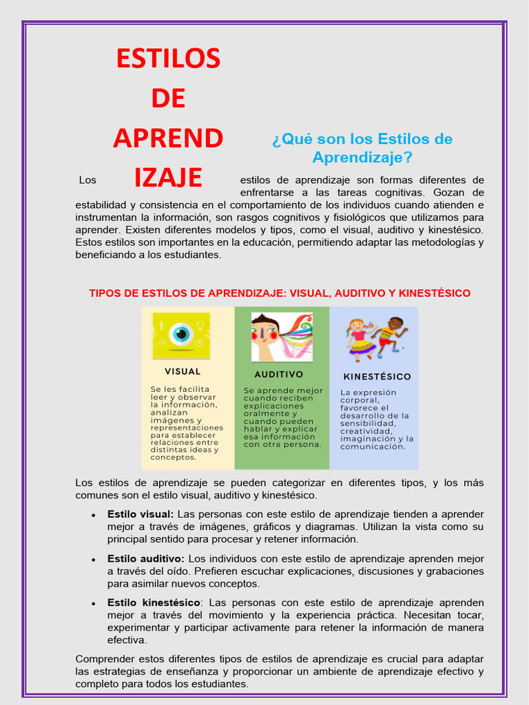 Estilos de Aprendizaje: Visual, Auditivo y Kinestésico | PDF