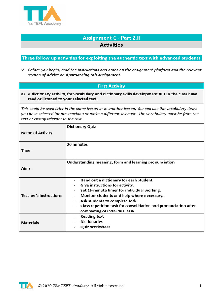 TEFL Assignment C: Dictionary Activities | PDF
