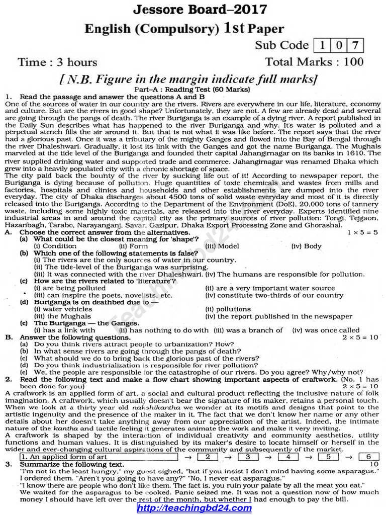 English 1st Paper Question 2017 Jessore Board Pdf