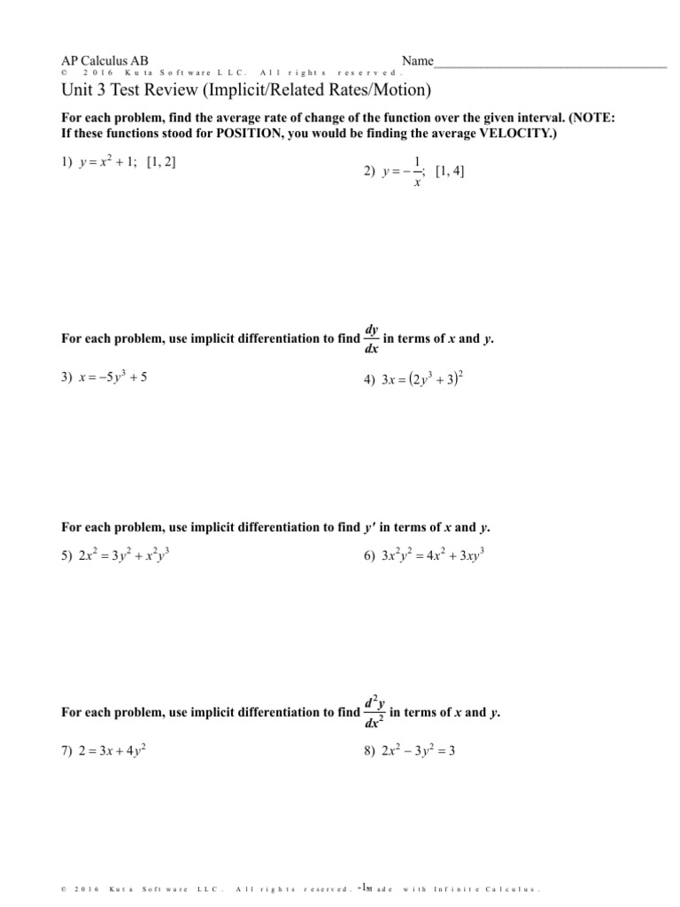 AP Calculus AB Unit 3 Review Worksheet | PDF | Mechanics | Physics