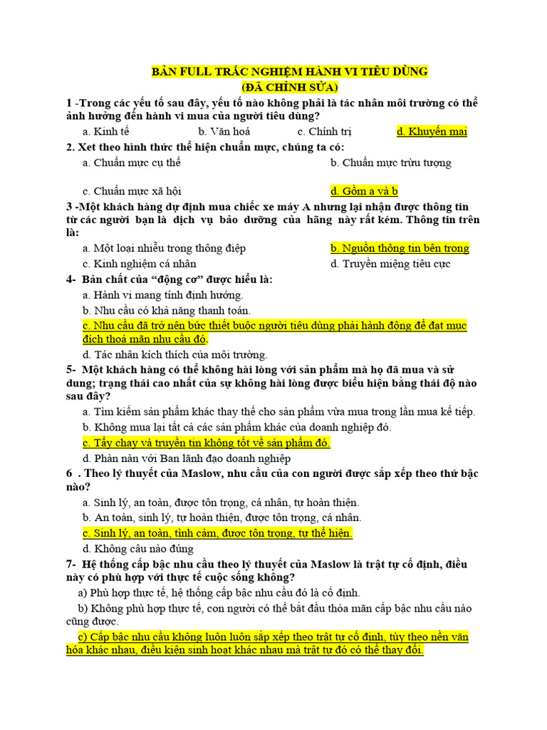 FULL TRẮC NGHIỆM HÀNH VI TIÊU DÙNG(ĐCS)