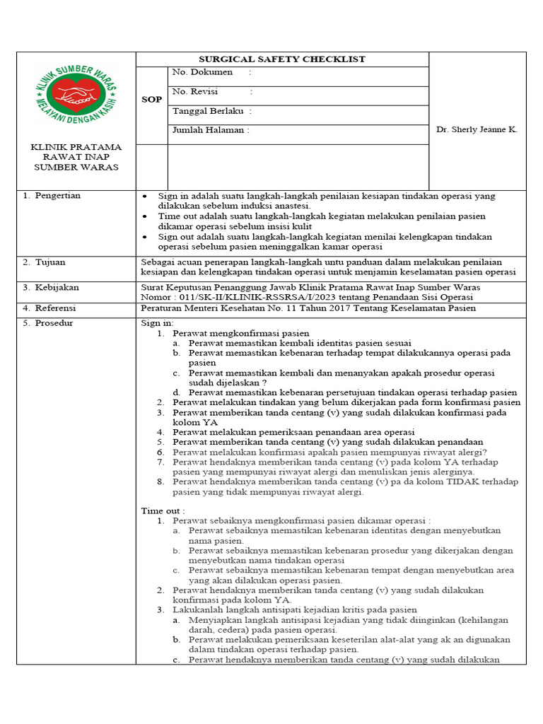 PMKP 2.5.1 Sop Surgical Safety Checklist-1 | PDF