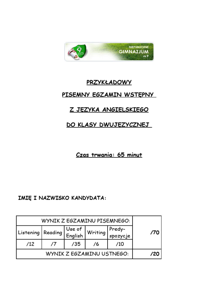 Przykladowy Egzamin Wstepny Jezyk Angielski | PDF