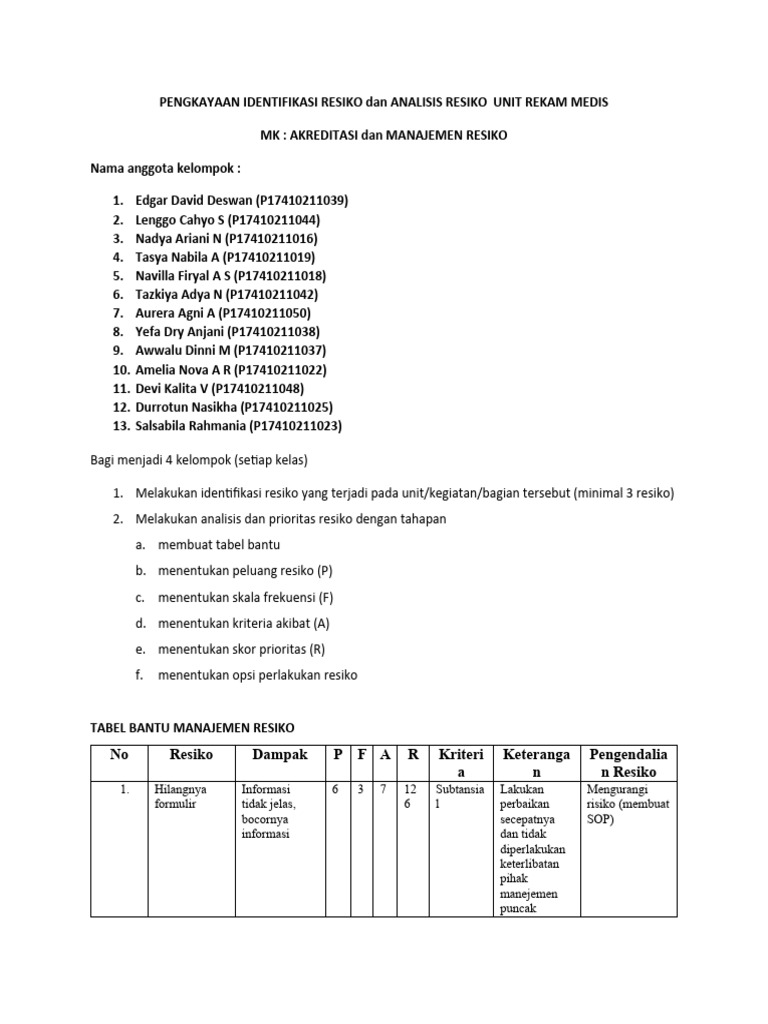 Pengkayaan Identifikasi Resiko Dan Analisis Resiko Unit Rekam Medis Pdf