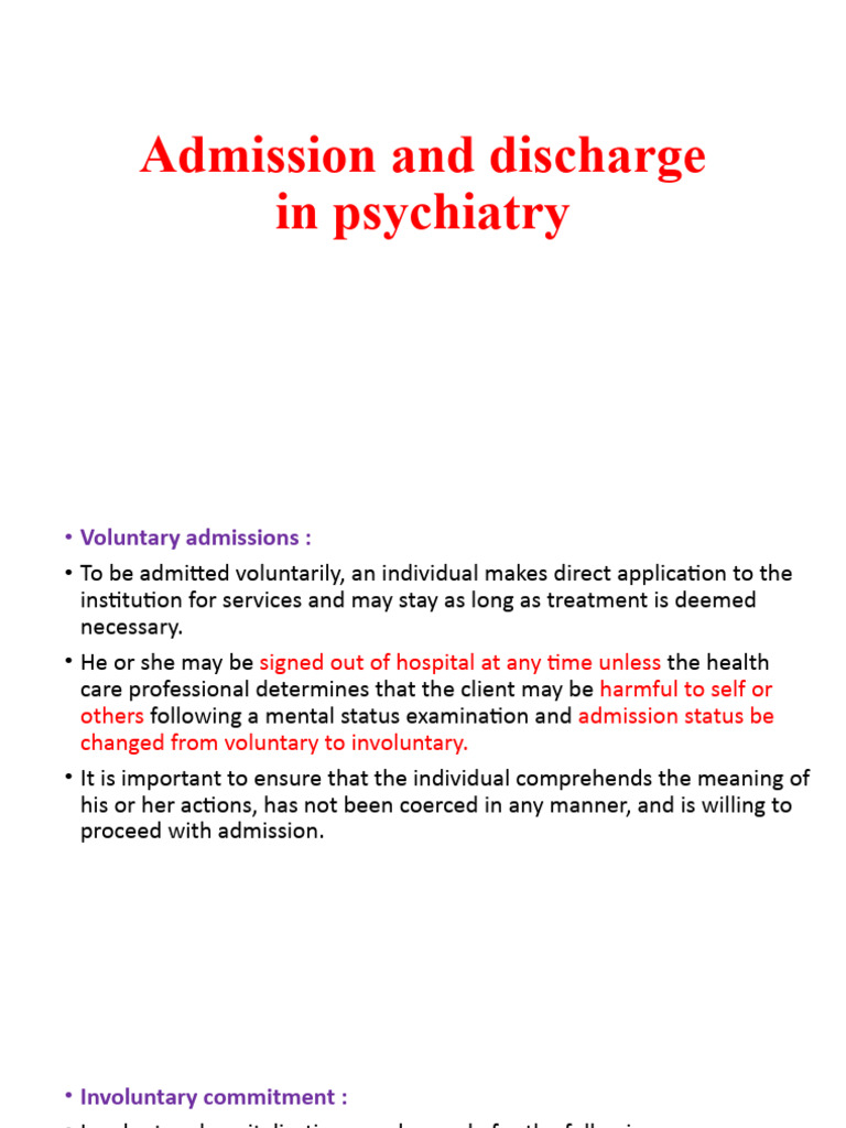Admission and Discharge in Psychiatry PDF Mental Disorder Medical