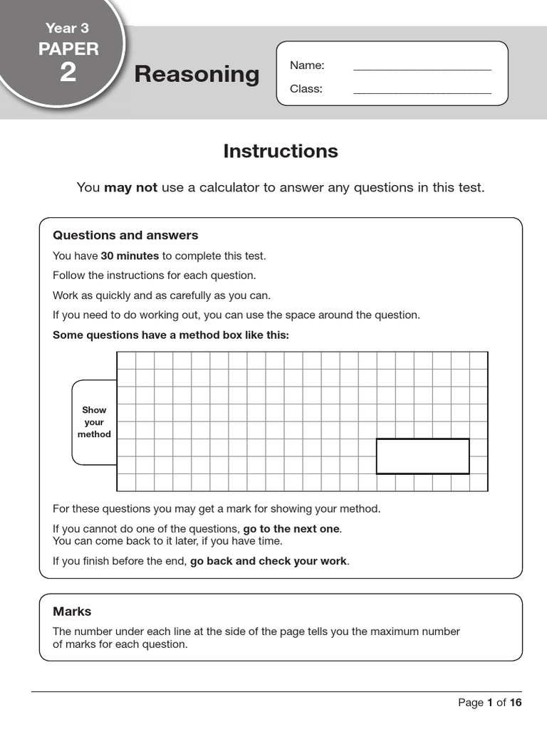 Year 3 Math Test Instructions and Questions | PDF