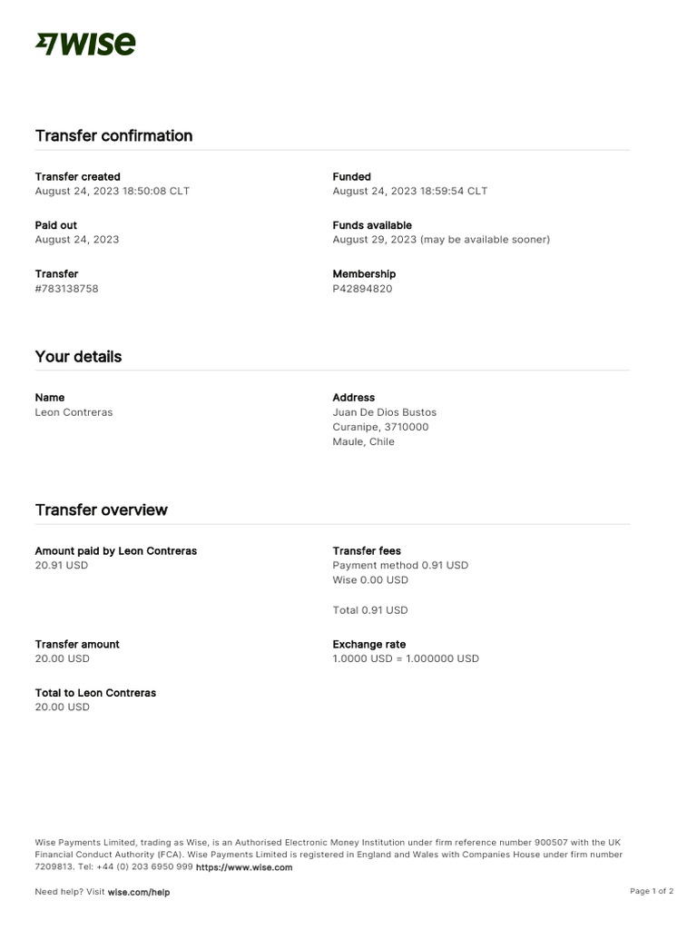 Wise Transfer Confirmation | PDF | United States Dollar | Banking ...