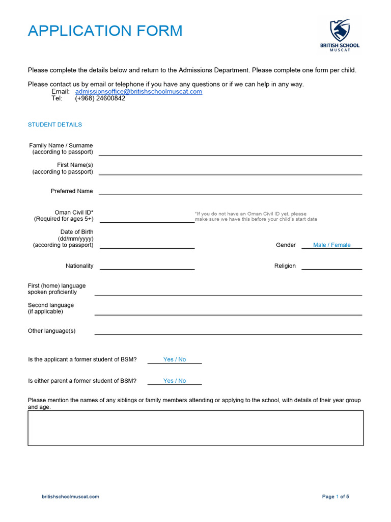 BSM Student Application Form | PDF
