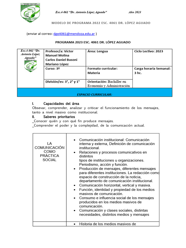 Programa 2023 Esc. 4061 López Aguado | PDF