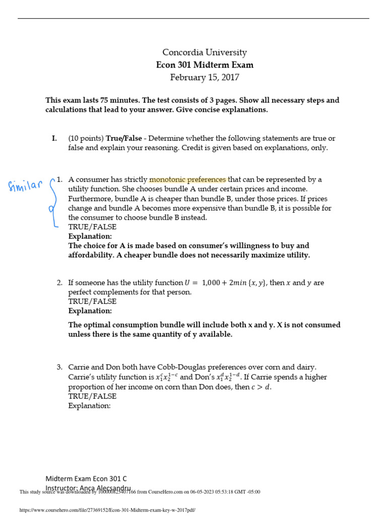Econ 301 Midterm Exam Key W 2017 PDF | PDF | Utility | Economics