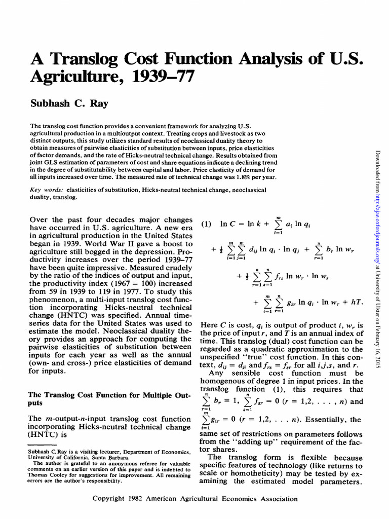 Agriculture, 193977 A Translog Cost Function Analysis of U.8