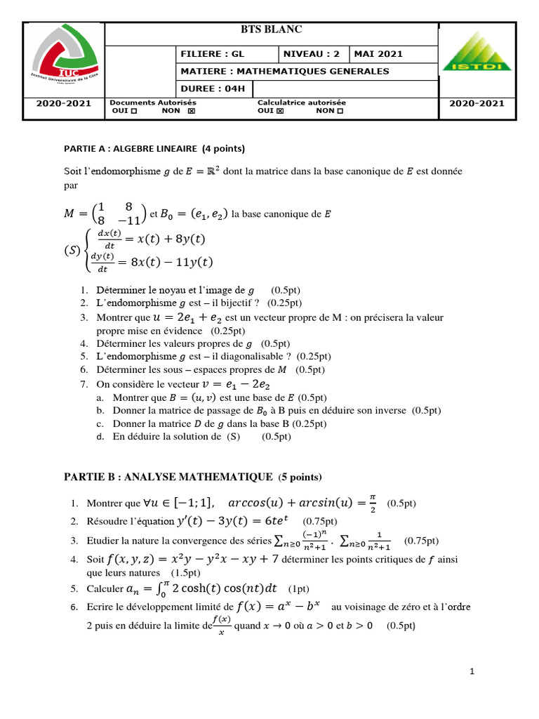 Maths Générales BTS GL - Examen 2021 | PDF | Valeur propre, vecteur ...