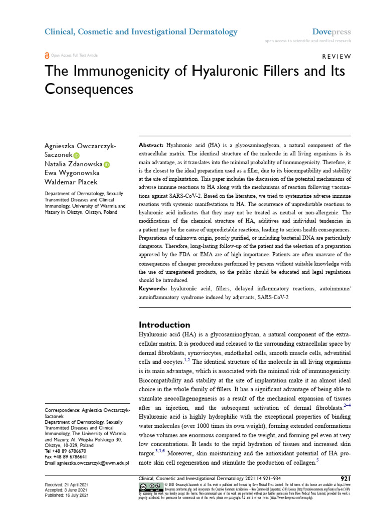 The Immunogenicity of Hyaluronic Fillers and Its Consequences PDF Inflammation Immune System