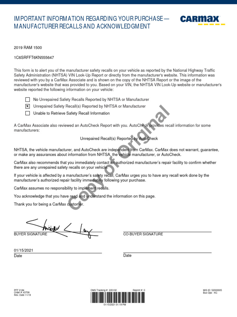 CarMax Purchase Recall Acknowledgment | PDF | Credit History | Credit
