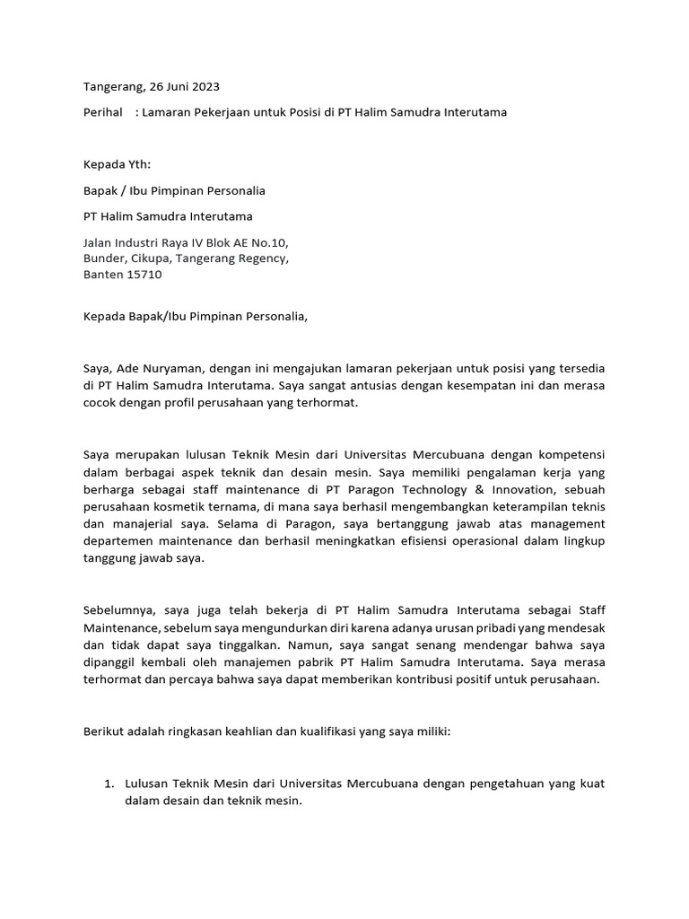 Surat Lamaran Kerja PT Halim Samudra Interutama | PDF