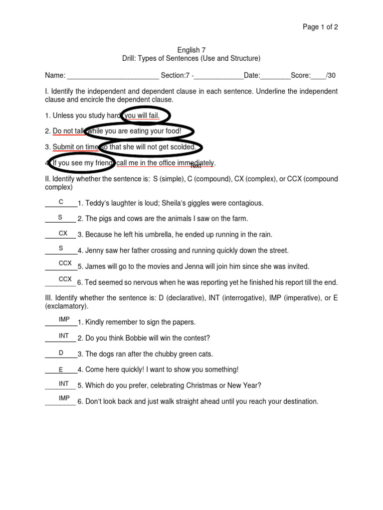 English Drill Types of Sentences PDF Sentence (Linguistics