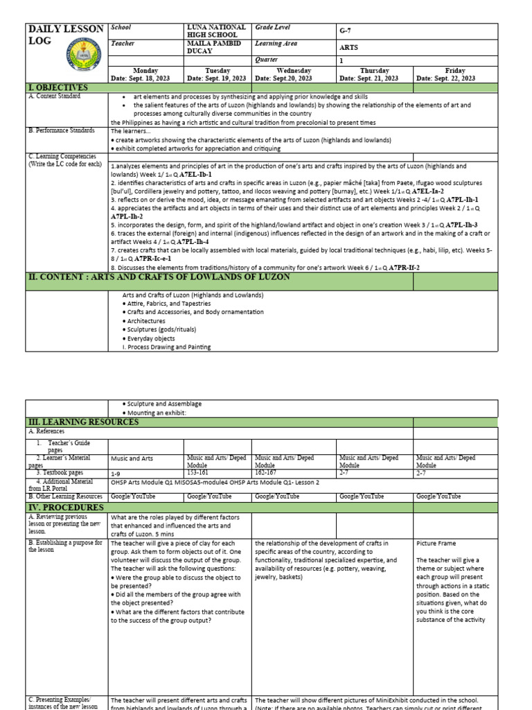 G7 Arts Lesson Plan: Luzon Crafts | PDF