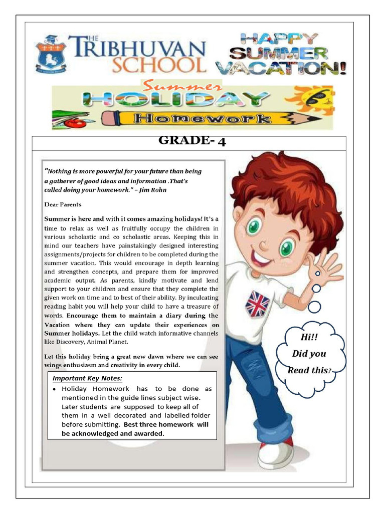Holiday Homework For Grade 4 | PDF