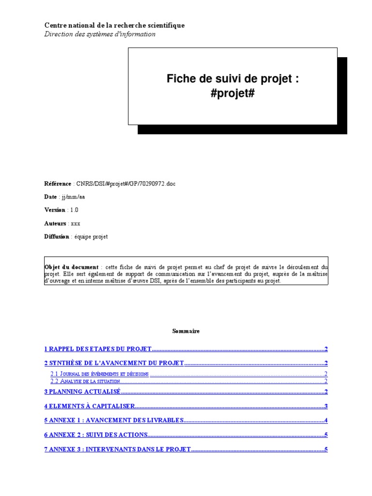 Modele Fiche Suivi Projet  PDF  Entrepreneur principal  Informatique