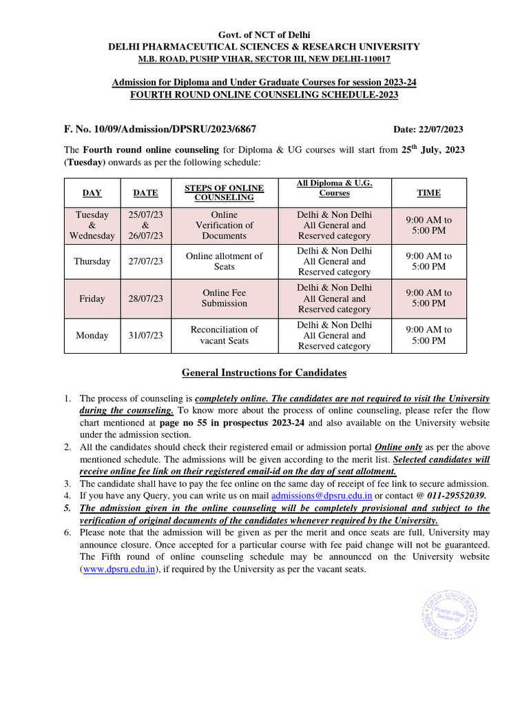 4th Round Counselling Schedule | PDF