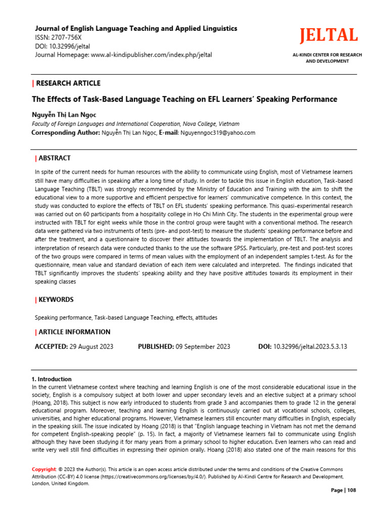 VN5 The Effects of Task-Based Language Teaching On EFL | PDF