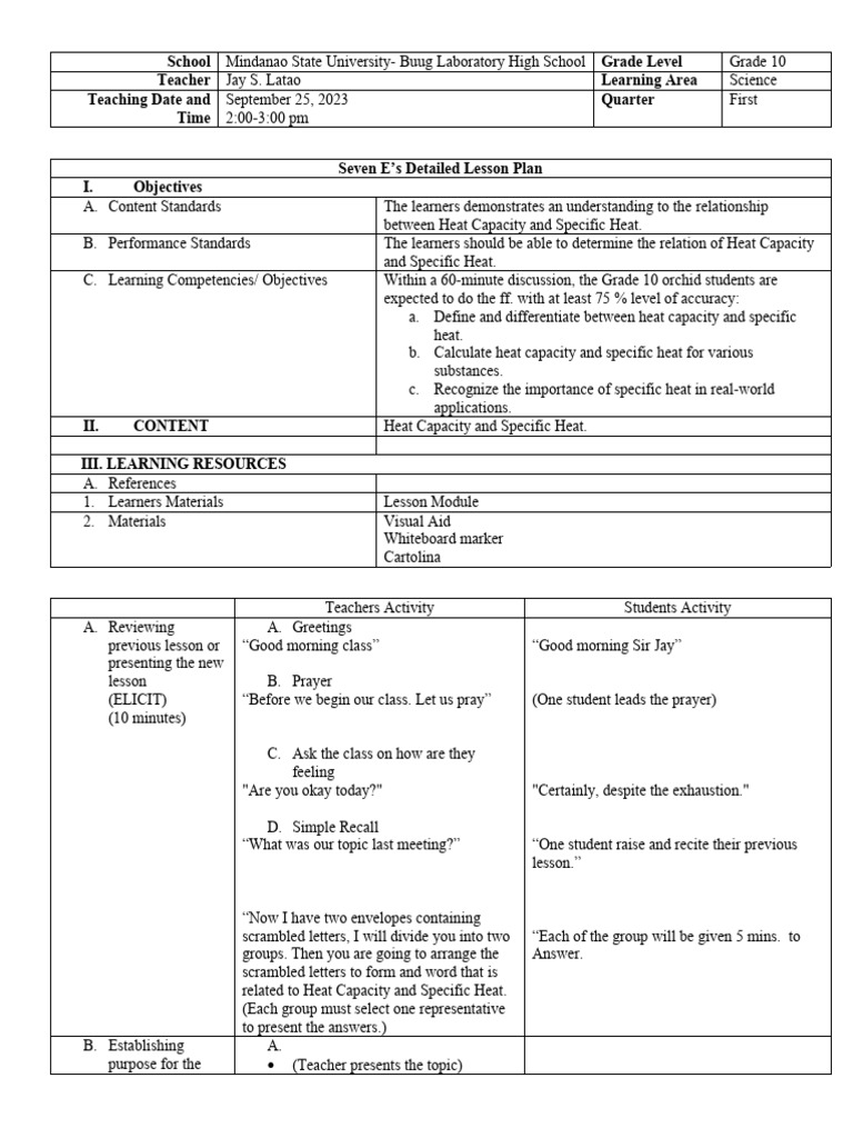 7Es-lesson-plan-by-Jay-Latao 2 | PDF | Heat | Calorie