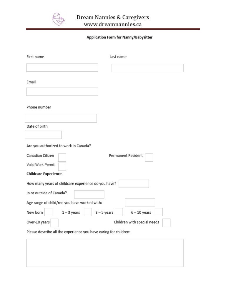 Nanny Application Form PDF Child Care Nanny Nanny Application Form PDF Child Care Nanny