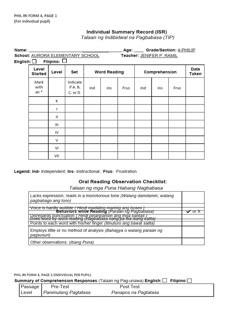 Phil iri form 4page 1 2 pdf