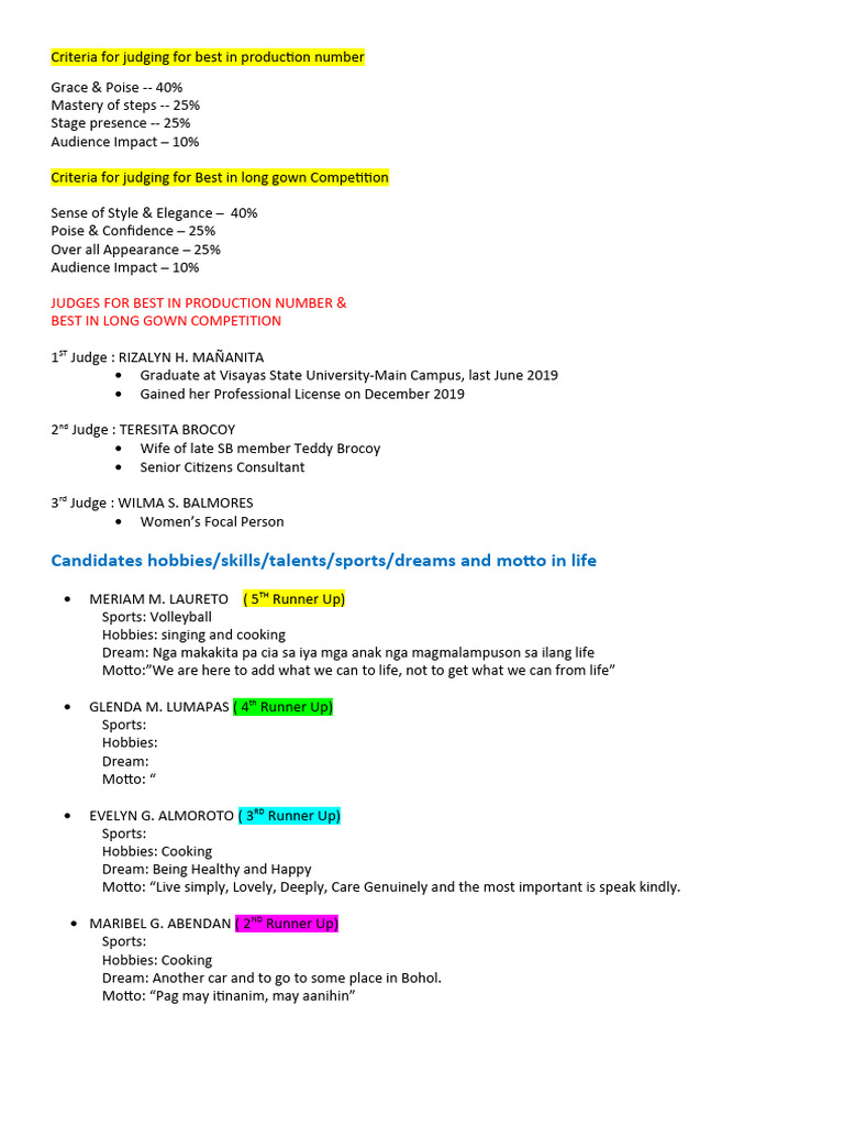 Criteria For Judging For Best in Production Number PDF