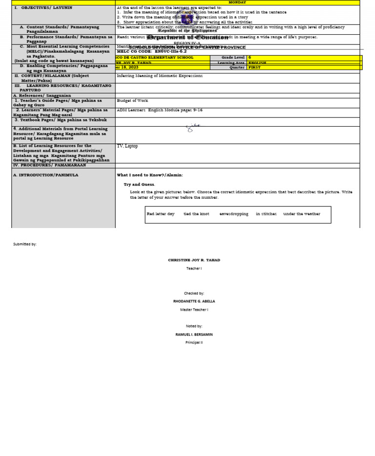 Grade 6 English Lesson Plan on Idioms | PDF | Communication | Learning