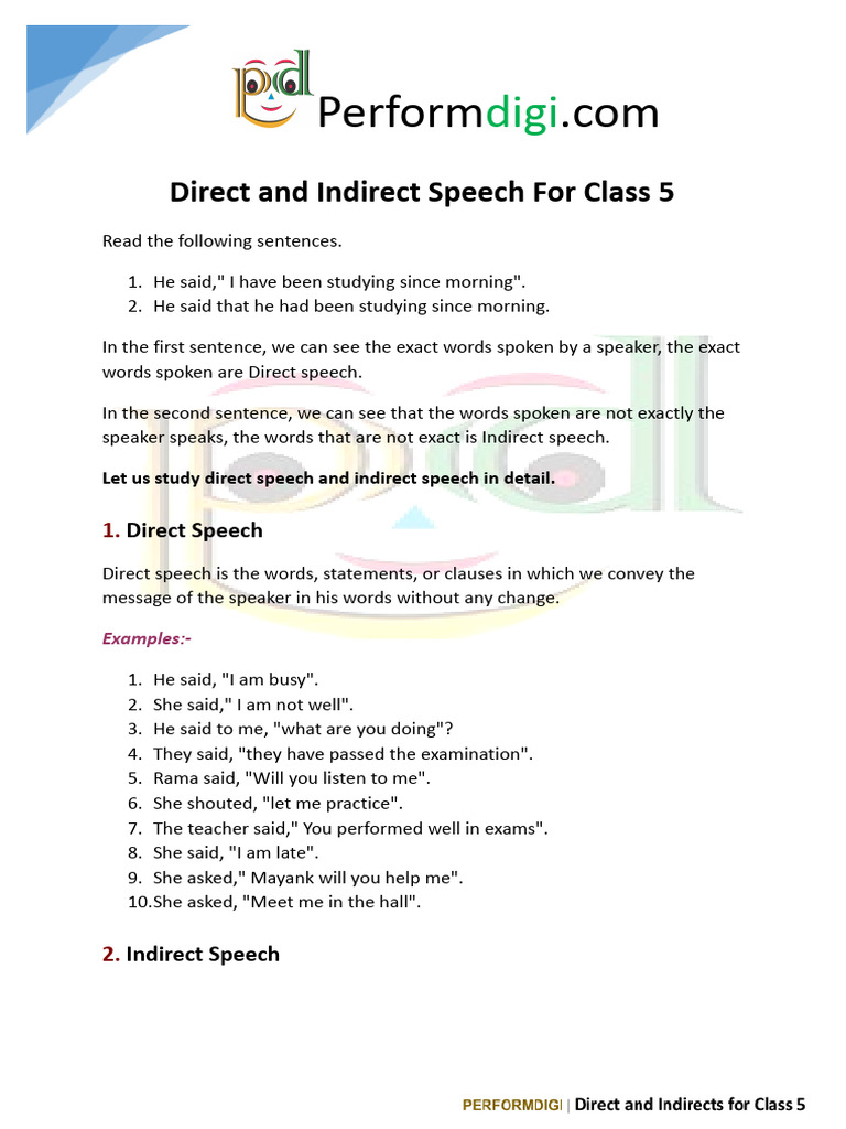 Direct and Indirect Speech For Class 5 | PDF