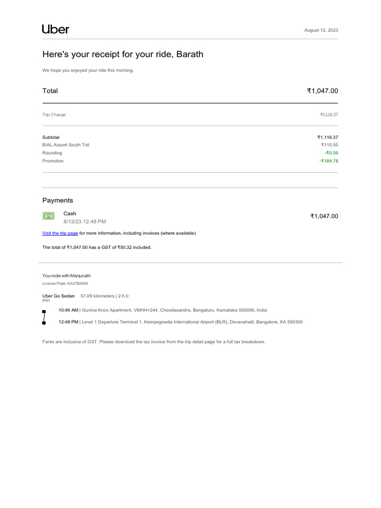 Uber Receipt for Airport Ride | PDF