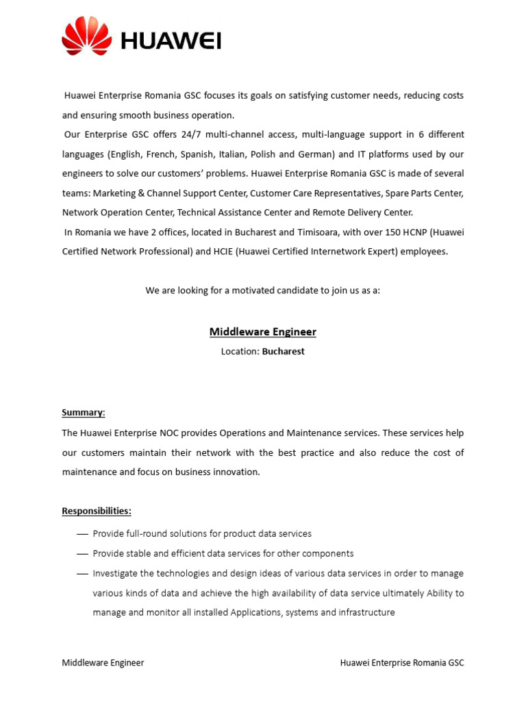 Middleware Engineer Position at Huawei GSC | PDF | Business