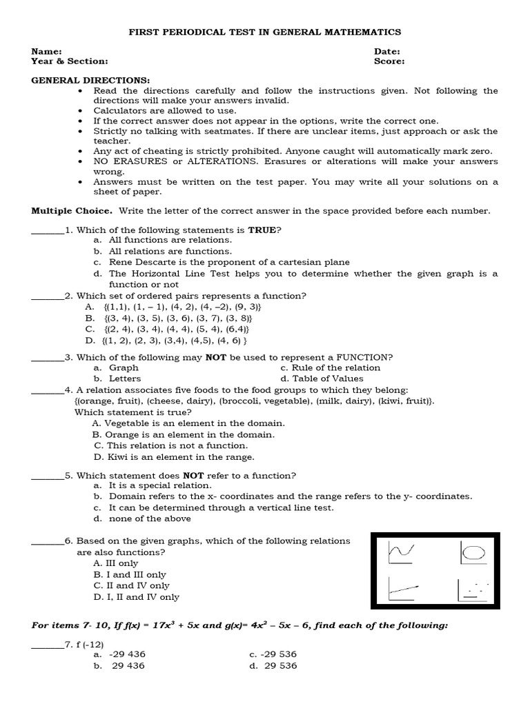 General Mathematics Periodical Test | PDF | Function (Mathematics ...