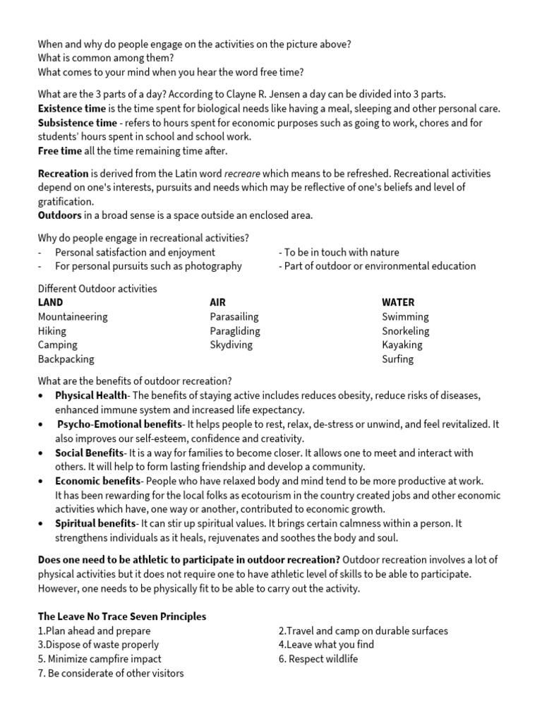 Benefits and Types of Outdoor Recreation | PDF