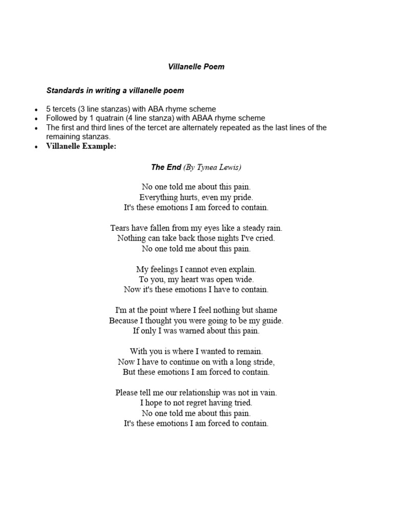 Villanelle poem pdf