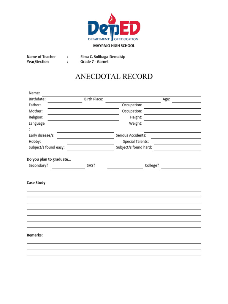 Anecdotal Record Template for Students | PDF