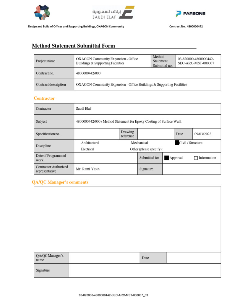 Method Statement For Epoxy Coating of Surface Wall | PDF
