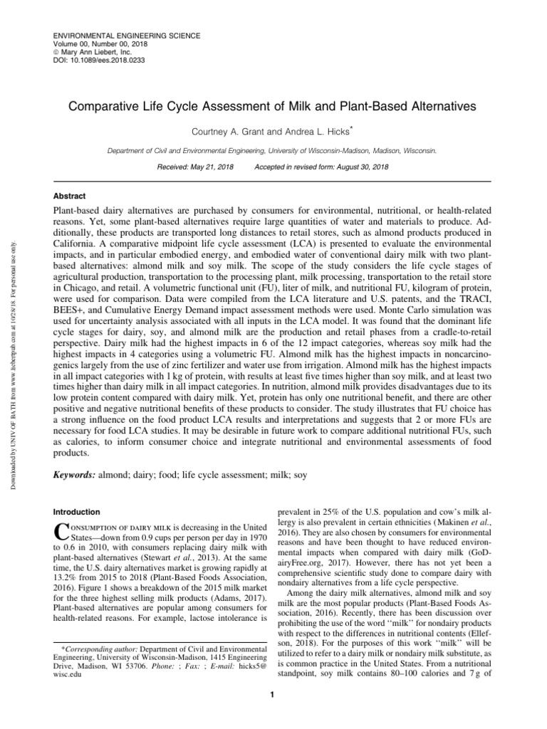Life Cycle Assessment of Milk vs. Alternatives | PDF | Life Cycle Assessment  | Nutrition