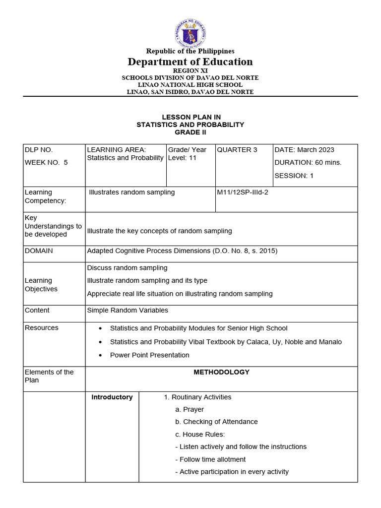 Grade 11 Random Sampling Lesson Plan | PDF | Sampling (Statistics ...